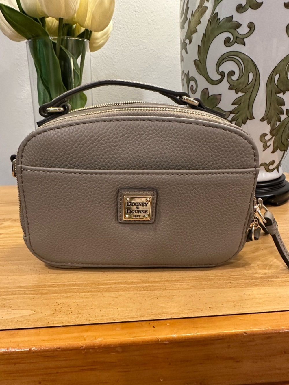 Dooney & Bourke Taupe “Ambler” Pebbled Leather Crossbody with Gold Hardware